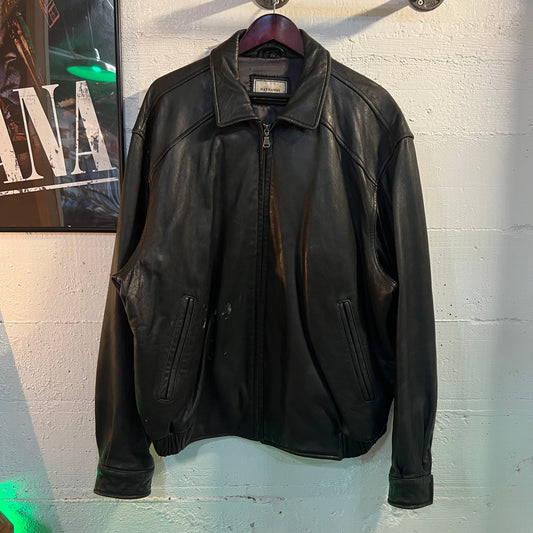 Vintage 90's Hathaway Black Leather Full Zip Bomber Jacket - Size XXL - 100% Leather