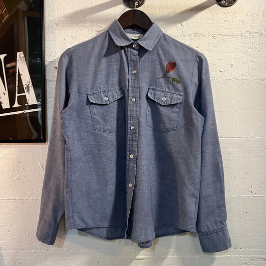 Vintage 80’s Women’s Hand Painted Chambray Long Sleeve Button Up Shirt - Size Large (12) - Denim/Multicolor