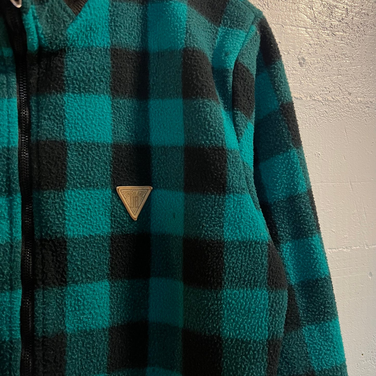 Vintage 90's Union Bay Buffalo Plaid Zip-Up Fleece Jacket - Size Large - Made In USA - Teal/Black