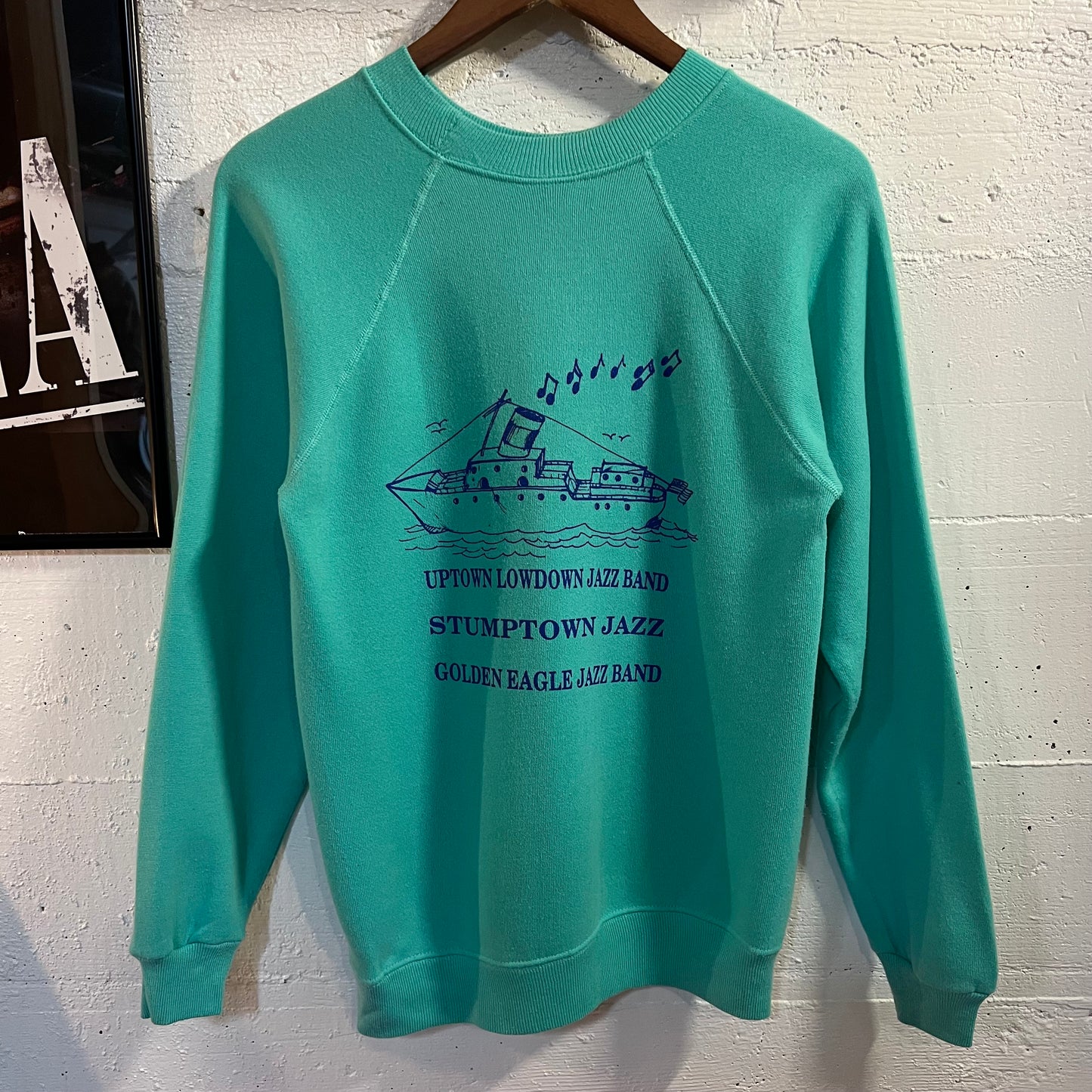 Vintage 1989 Dixieland Jazz Festival At Sea Raglan Crewneck Sweatshirt - Size Small - Made In USA - Mint Green/Indigo