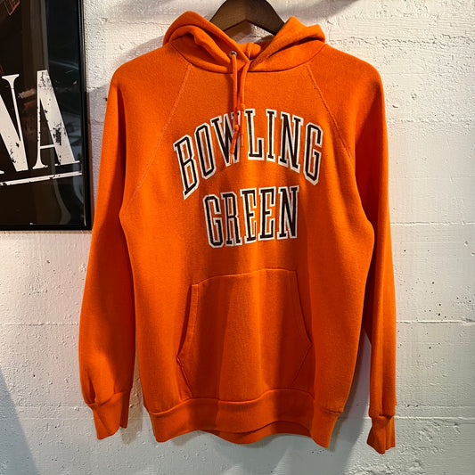 True Vintage 1970's Velva Sheen Bowling Green Collegiate Raglan Sleeve Hoodie - Size Medium - Made In USA - Orange