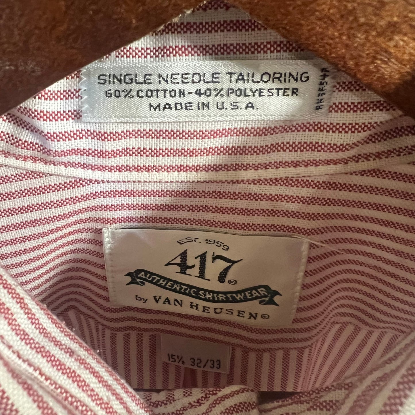 Vintage 417 By Van Heusen Pinstripe Button Down Oxford Shirt - Size 15-1/2 (32/33) - Made In USA - Red/White