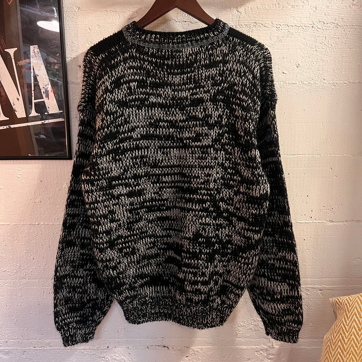 Vintage 80’s/90’s Le Tigré Heavyweight Acrylic Abstract Geometric Panel Knitted Sweater - Size Medium - Black/Blueish Grey/White