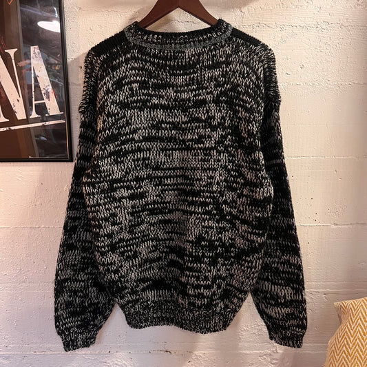 Vintage 80’s/90’s Le Tigré Heavyweight Acrylic Abstract Geometric Panel Knitted Sweater - Size Medium - Black/Blueish Grey/White