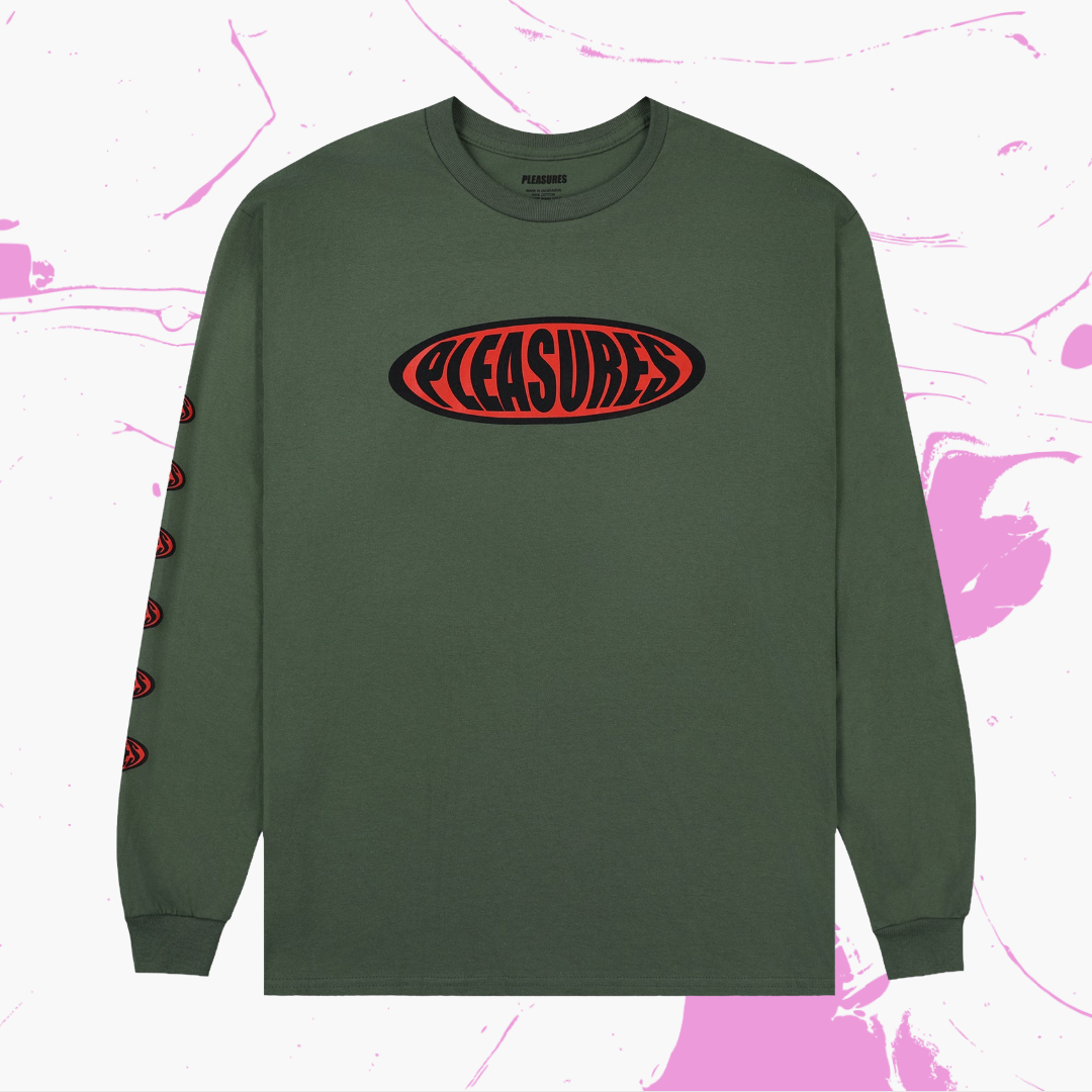 *New* PLEASURES 'Bubble Logo' Long Sleeve Graphic T-Shirt - Size XL - Olive