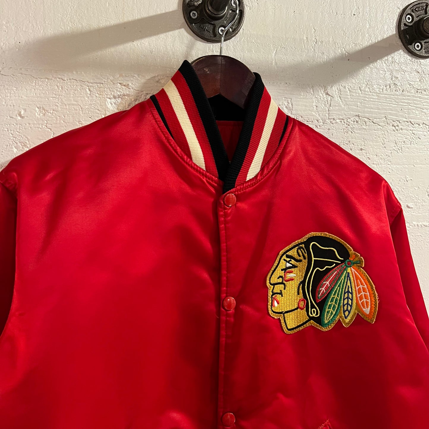 Vintage 1980's Starter Chicago Blackhawks Satin Bomber Jacket - Size Medium - Made In USA - Red/Black