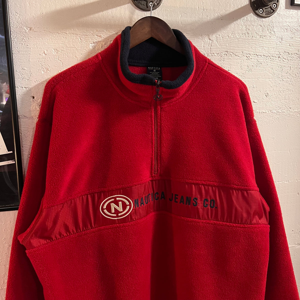 Vintage 90's Nautica Jeans Co. Half Zip Pullover Fleece - Size XL - Red/Navy/White