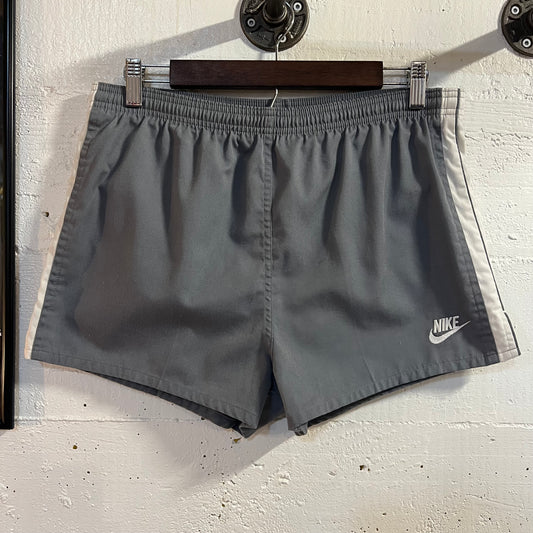 Vintage 1980's Nike Blue Tag Embroidered Cotton Blend Running Shorts With Liner - Size Medium - Gray/White