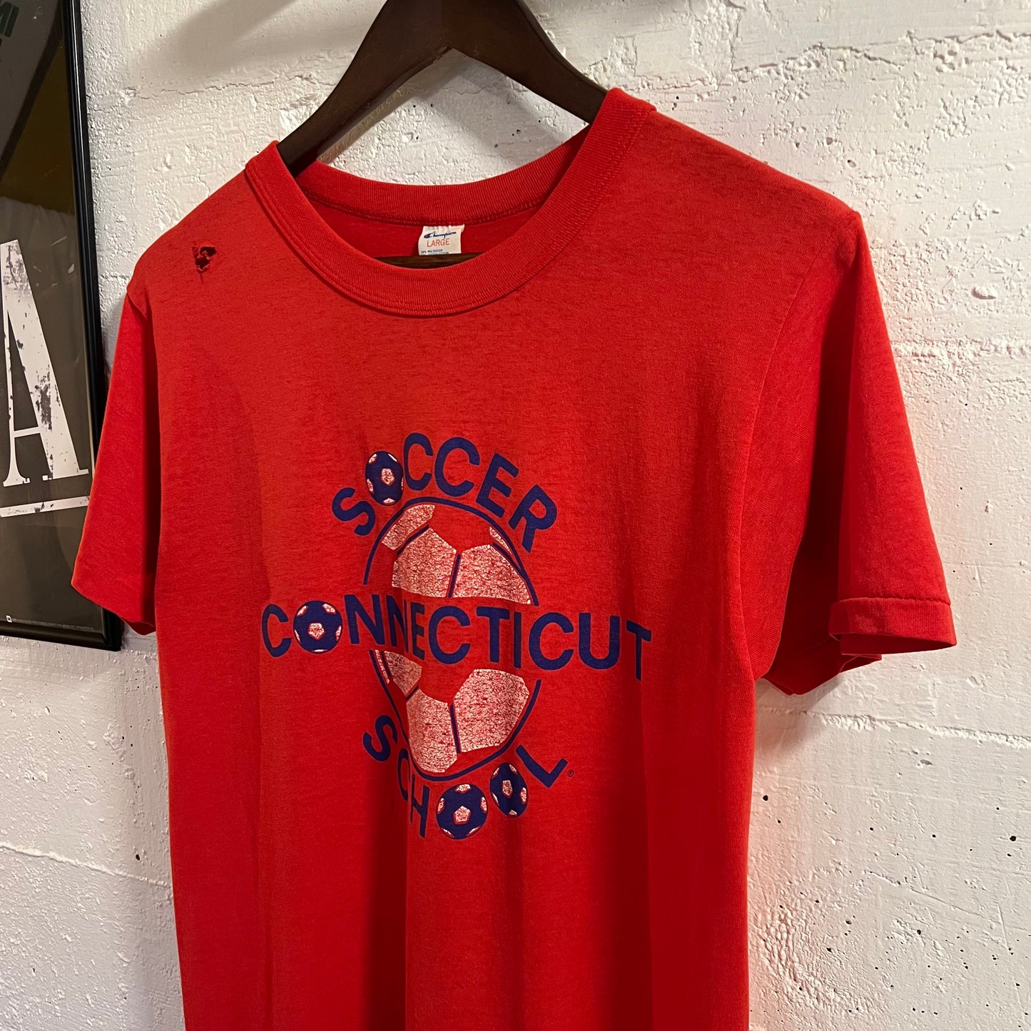Vintage 80’s Distressed Champion Connecticut Soccer School Single Stitch T-Shirt - Size Large - Made In USA - Red/White/Blue