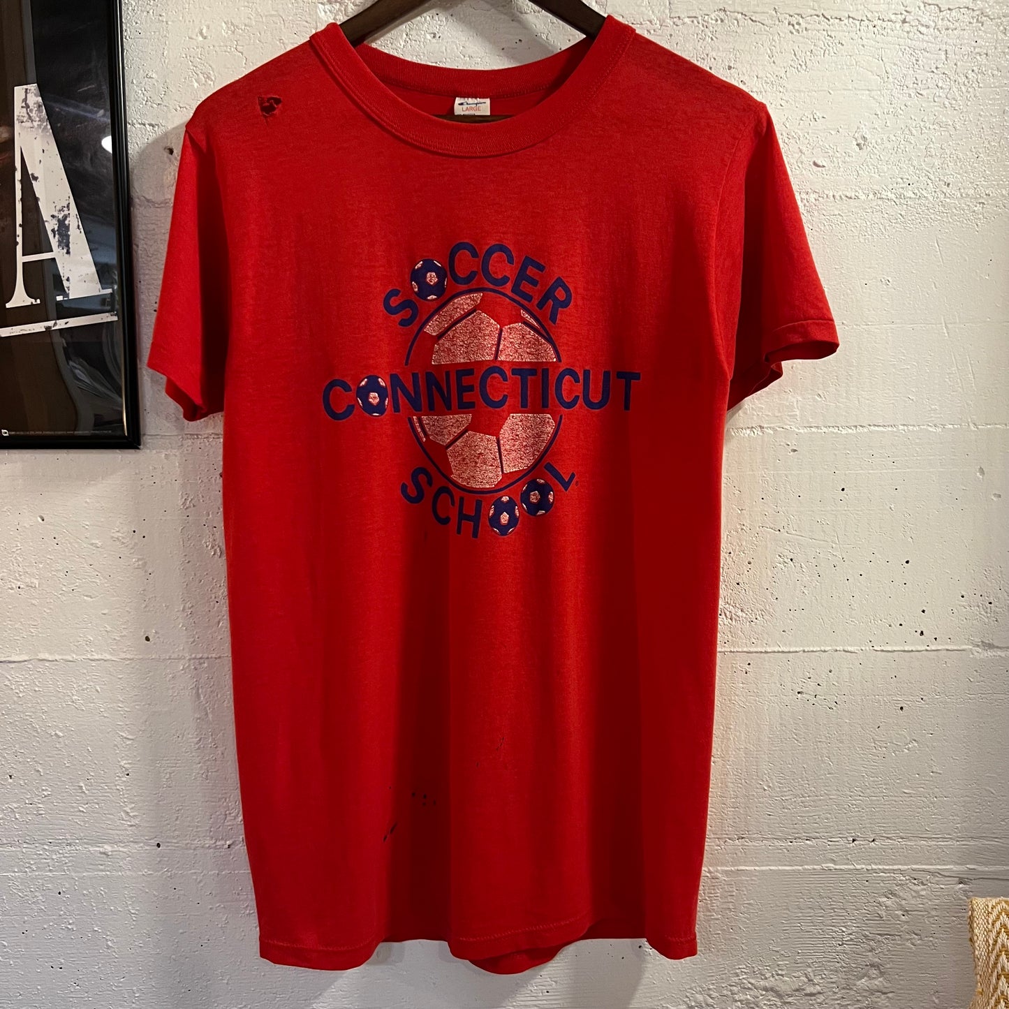 Vintage 80’s Distressed Champion Connecticut Soccer School Single Stitch T-Shirt - Size Large - Made In USA - Red/White/Blue