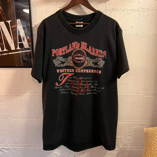 Vintage 90’s Embroidered Portland Trailblazers Western Conference Graphic Single Stitch T-Shirt - Size XL - Made In USA - Faded Black/Multi