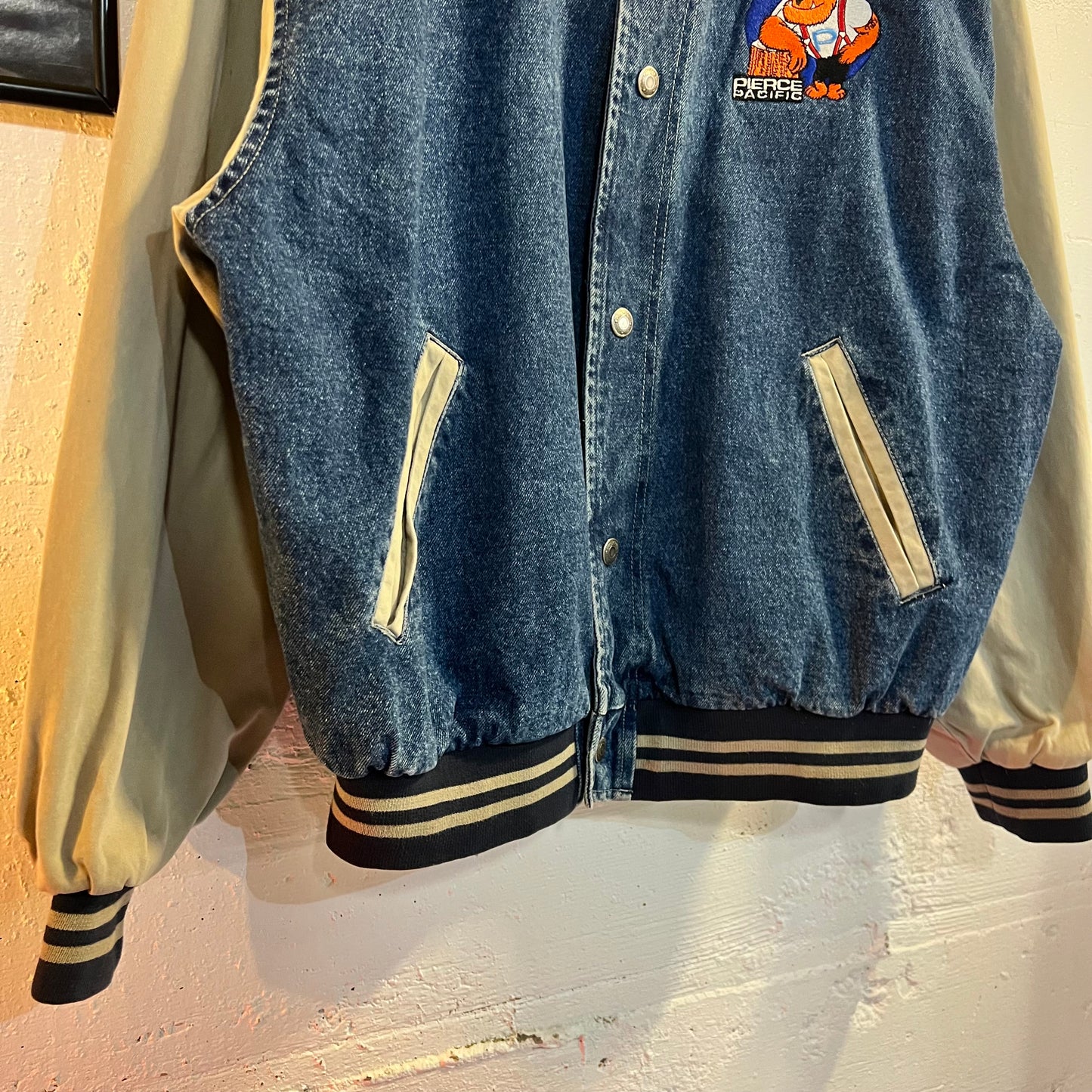 Vintage Swingster Embroidered Denim Varsity Bomber Jacket - Size Large - Denim/Tan