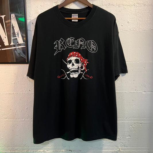 Vintage Y2K 2000's Reno Pirate Jolly Rogers Graphic T-Shirt - Size XL - Black