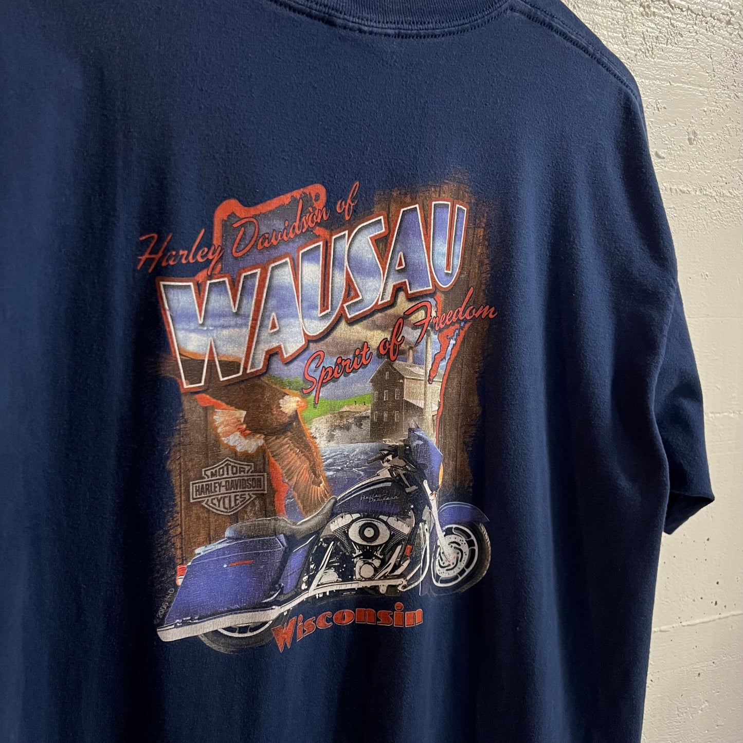 2008 Harley Davidson Wausau, Wisconsin Graphic T-Shirt - Size XL - Navy/Multi