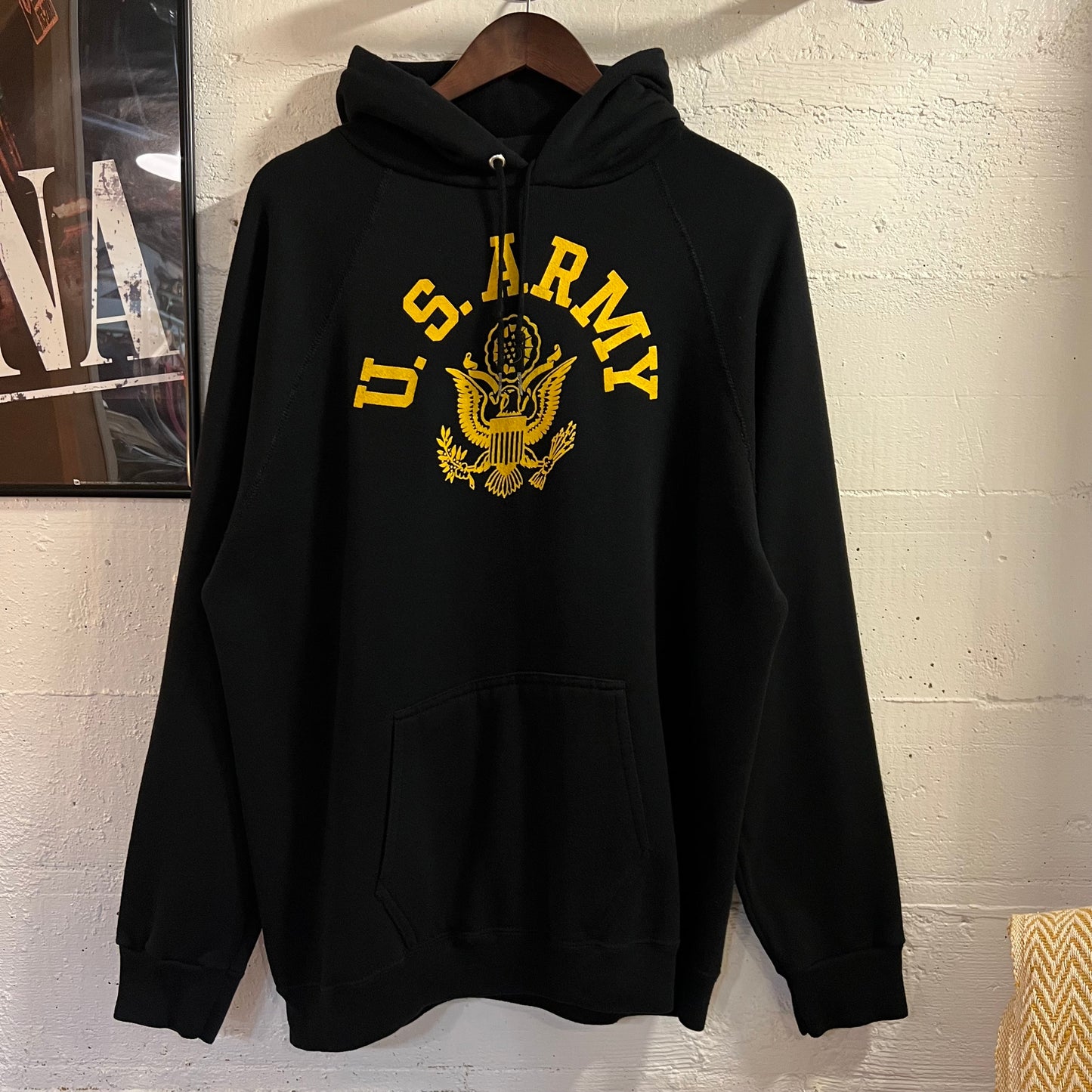 Vintage 80’s U.S. Army Military Raglan Sleeve Hoodie Sweatshirt - Size XL - Made In USA - Black/Yellow