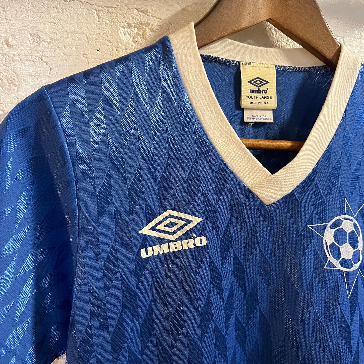 Vintage 90’s Umbro ‘Murrieta Oaks Nursery’ #13 Soccer Jersey - Size Youth Large - Made In USA - Blue/White