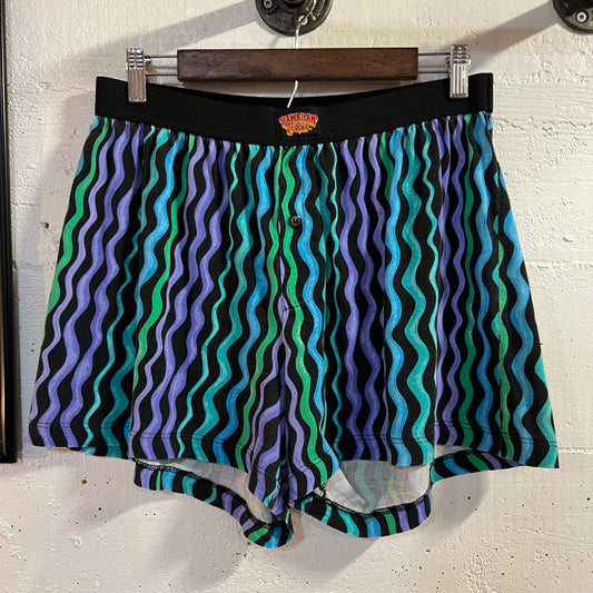 Vintage 80’s/90’s Hawaiian Tropic Vibrant Patterned Board Shorts - Size Large (7) - Black/Purple/Green/Blue