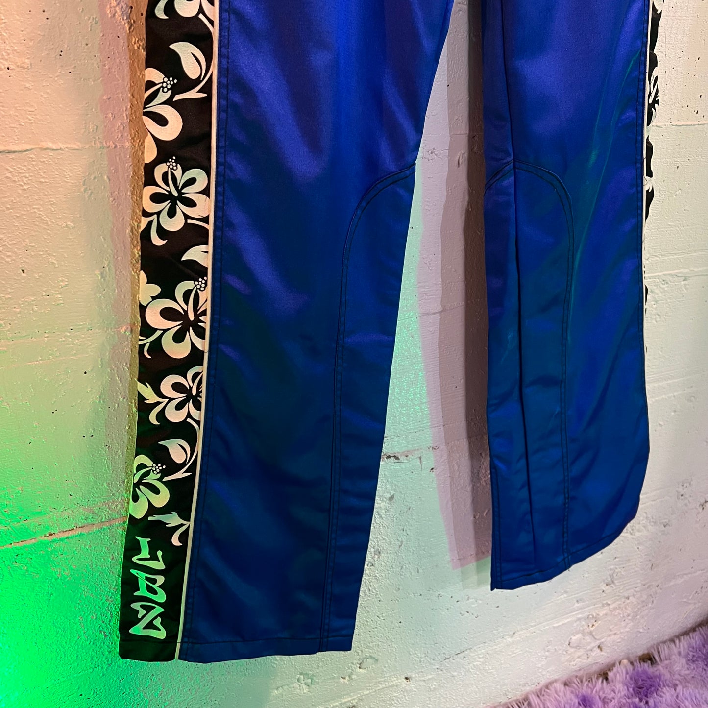 Vintage LBZ Local Boyz Hawaiian Flower Motocross Satin Nylon Pants - Size 11  (35"x34" ) - Made In USA - Royal Blue