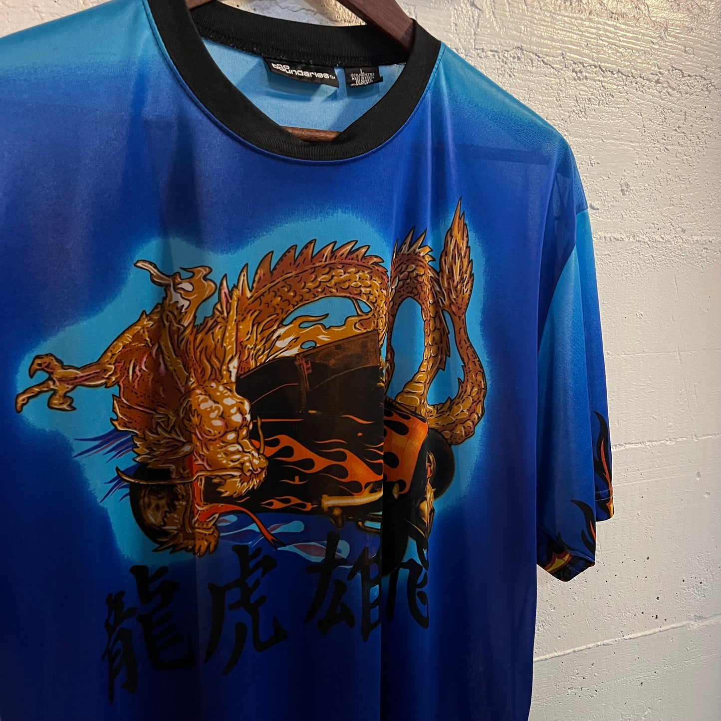 Vintage Y2K Fine Sheer Mesh Dragon Kanji Hot Rod T-Shirt - Size Large - Blue/Multi