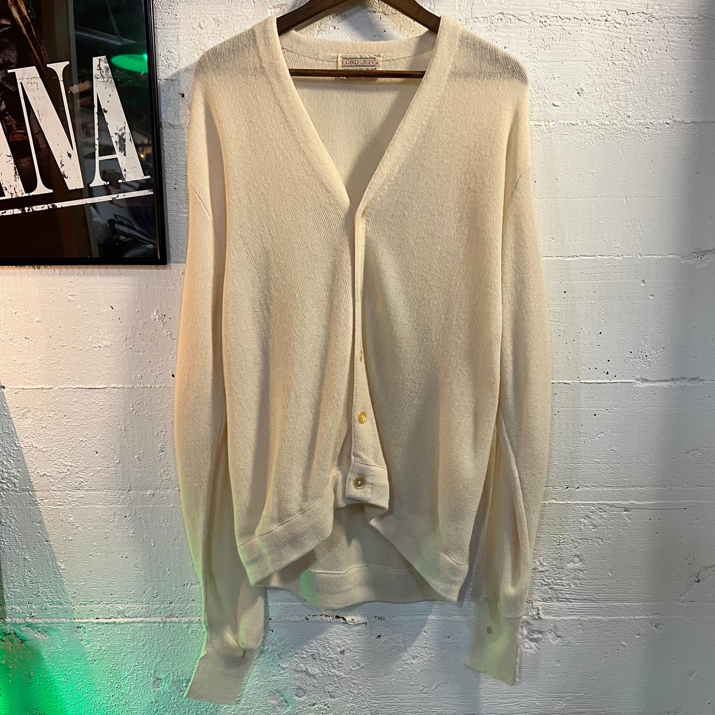 Vintage 60’s/70’s Lord Jeff 100% Acrylic Knitted Cardigan Sweater - Size XL - Made In USA - Cream