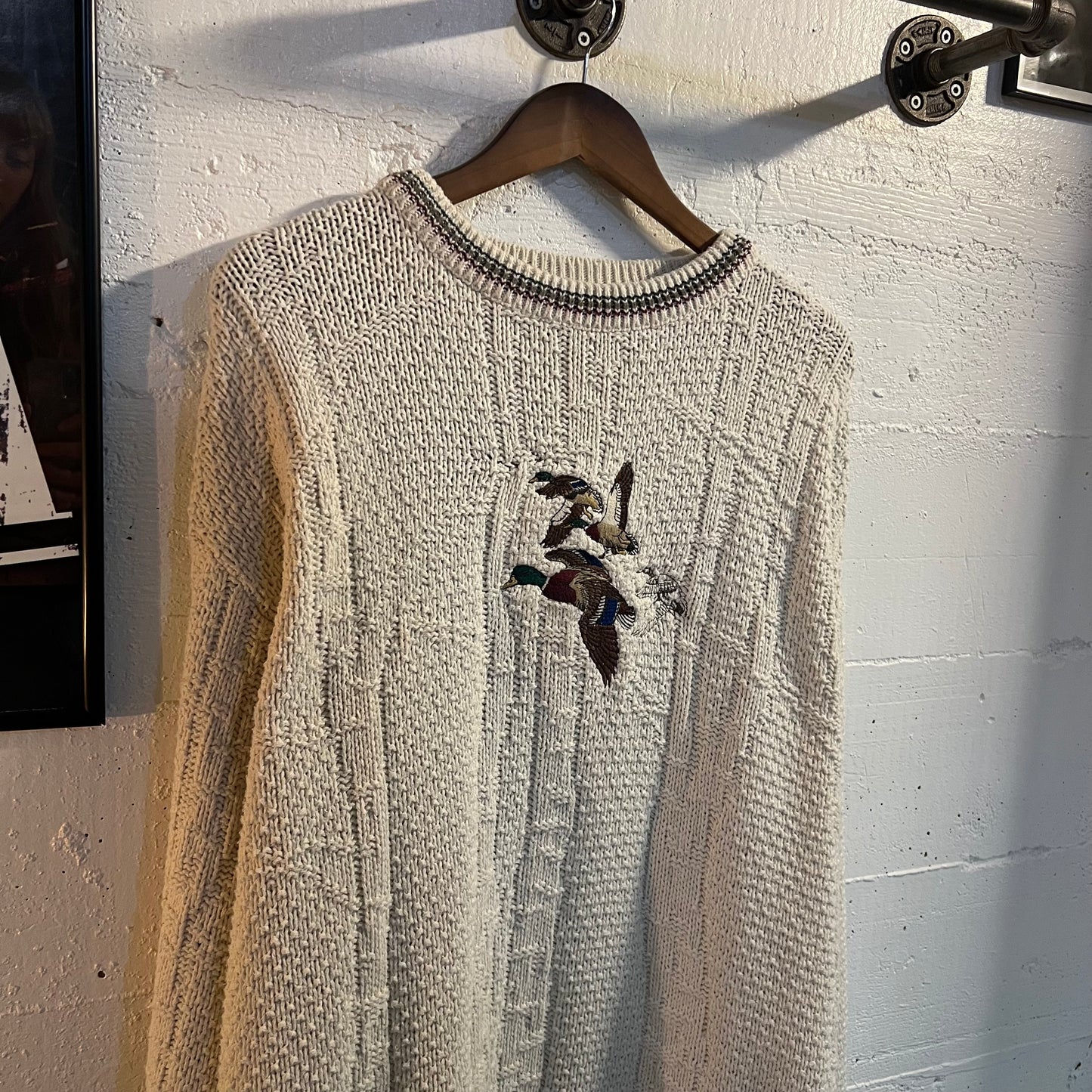 Vintage 90's Croft & Barrow Heavy Knit Cotton Duck Sweater - Size XL - Made In USA - Cream/Maroon/Teal