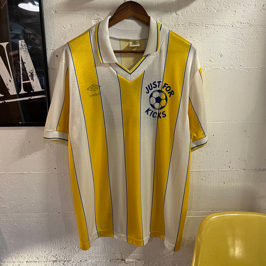 Vintage 90's Umbro Striped Soccer Jersey 'Just For Kicks' - Size XL - Made In USA - Yellow/White/Blue