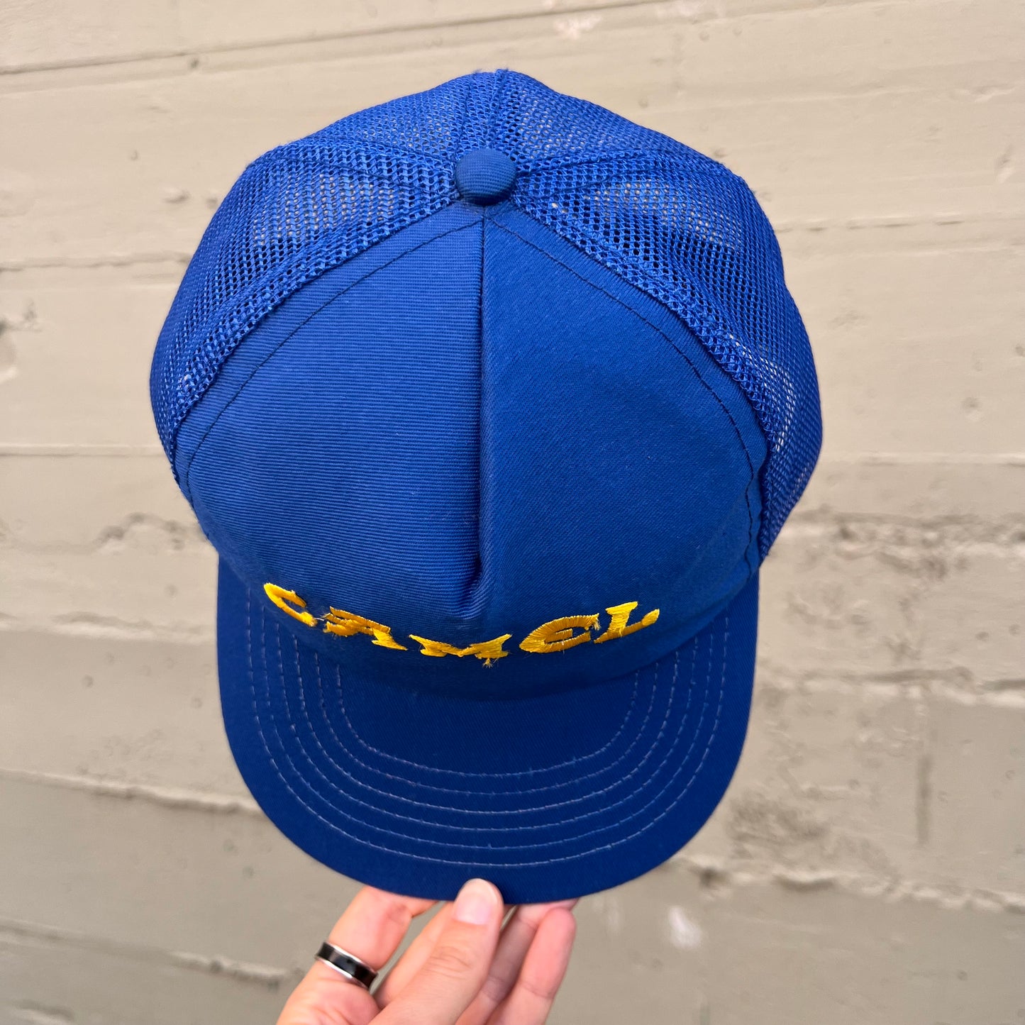 Vintage 90's Camel Embroidered Logo Mesh Back Trucker Hat - O/S - Made In USA - Blue/Yellow