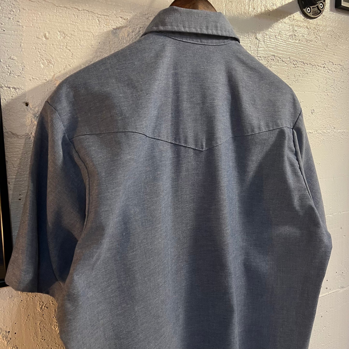 Vintage 70's/80's Red Kap Short Sleeve Chambray Western Yoke Pearl Snap Work Shirt - Size Large - Made In USA - Light Blue