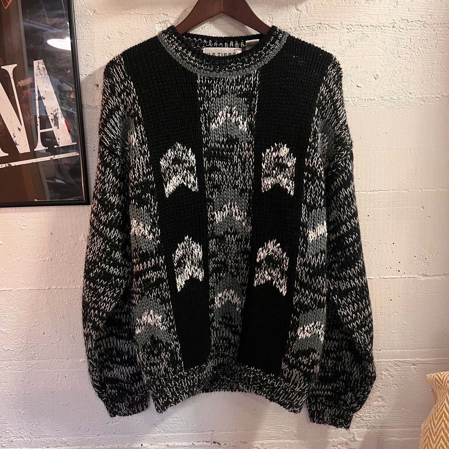 Vintage 80’s/90’s Le Tigré Heavyweight Acrylic Abstract Geometric Panel Knitted Sweater - Size Medium - Black/Blueish Grey/White