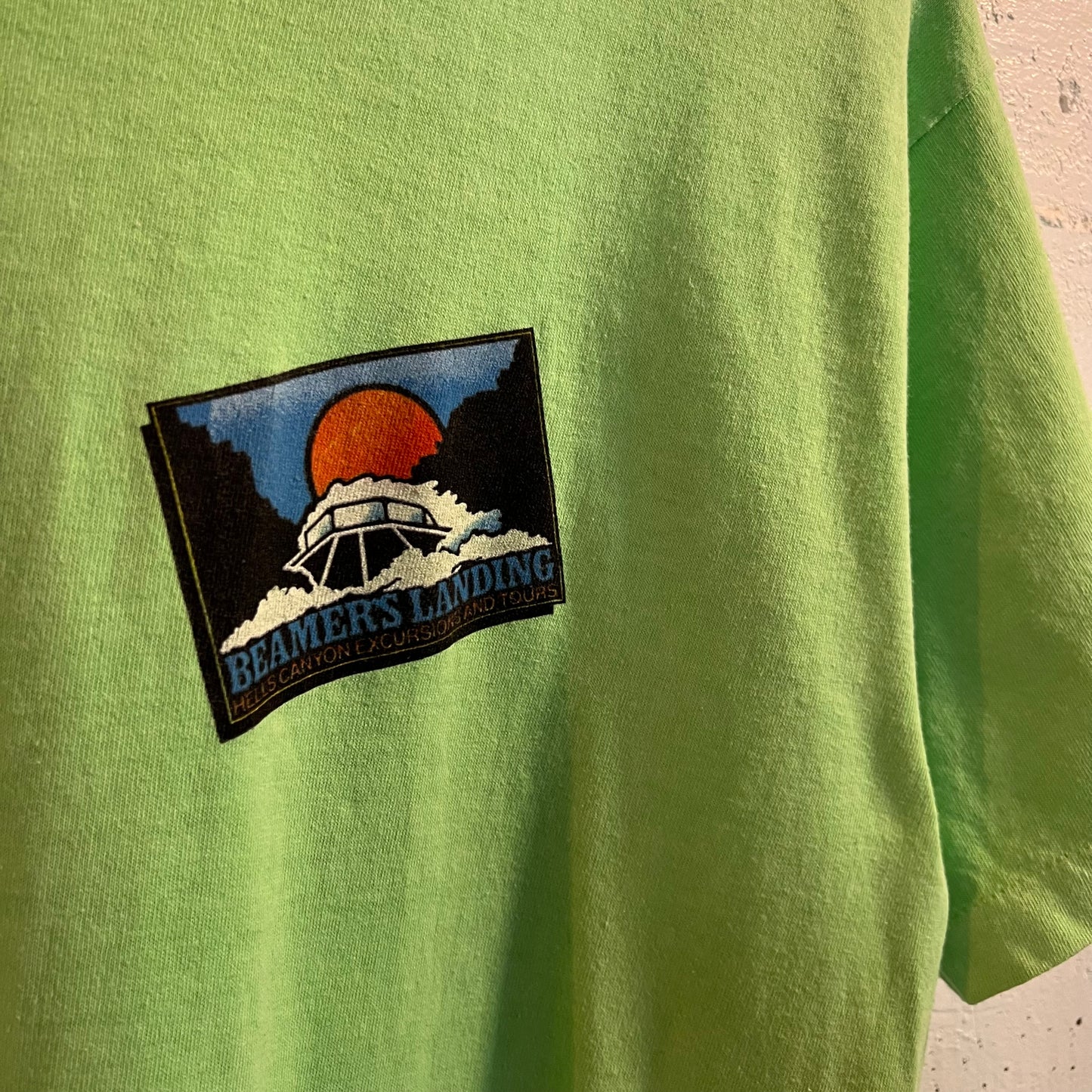 Vintage 90's Hells Canyon Jet Boat T-Shirt - Size Large - Made In USA - Single Stitch - Neon Green