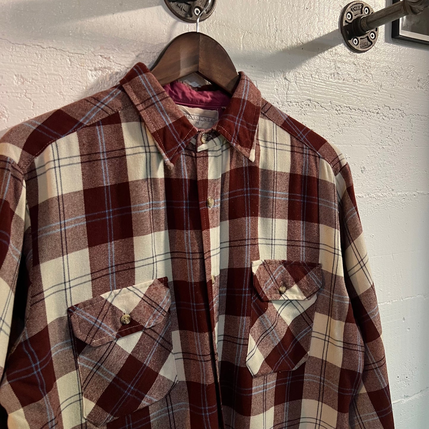 Vintage Charleston Bay Cropped Plaid Flannel - Size Medium - Red/Blue/White