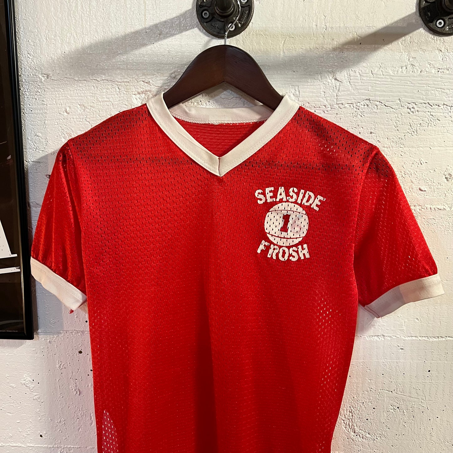 Vintage 70’s/80’s Seaside Frosh Mesh Volleyball Jersey - Size Small - Red/White