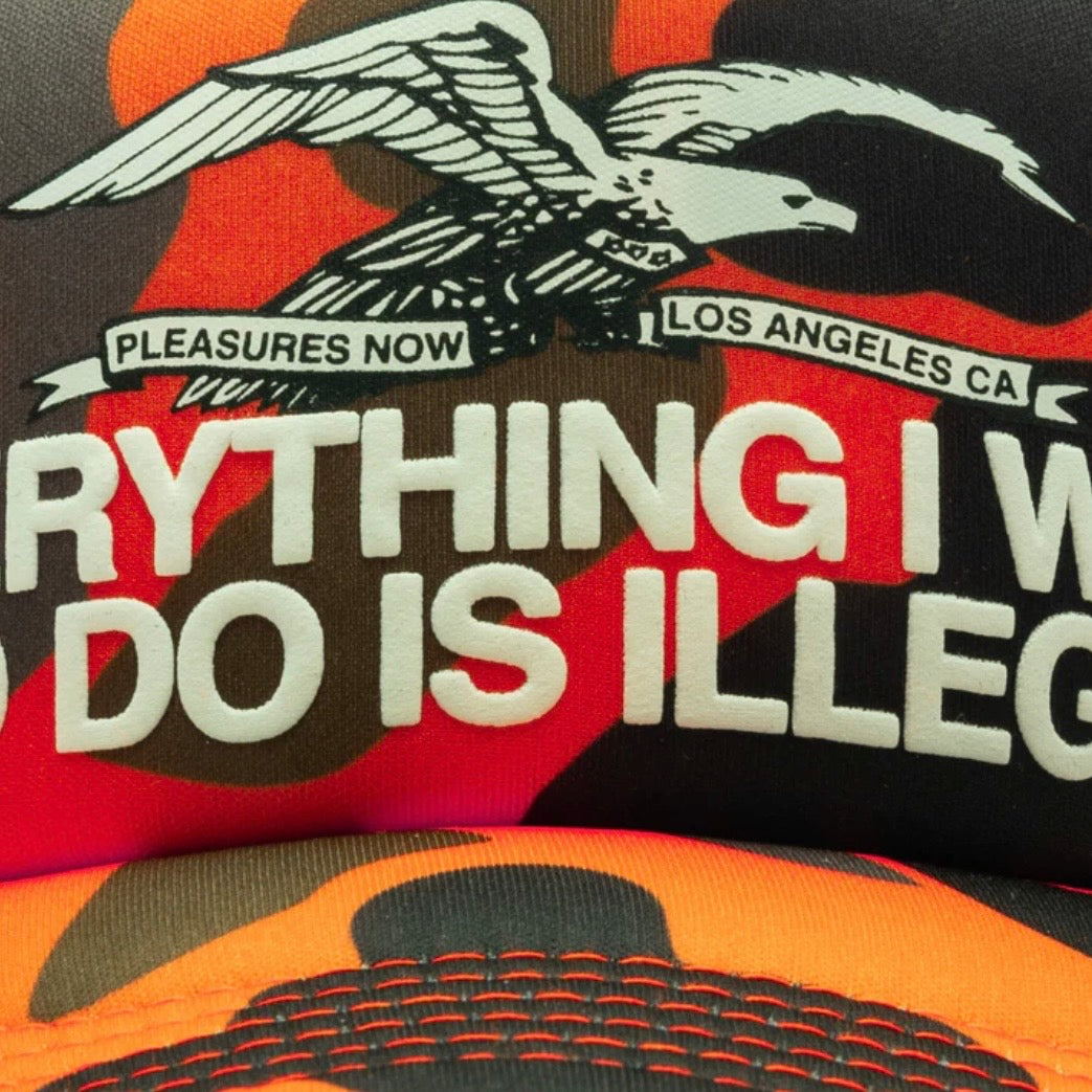 Pleasures 'Illegal' Duck Camo Mesh Back Trucker Hat - O/S - Blaze Orange