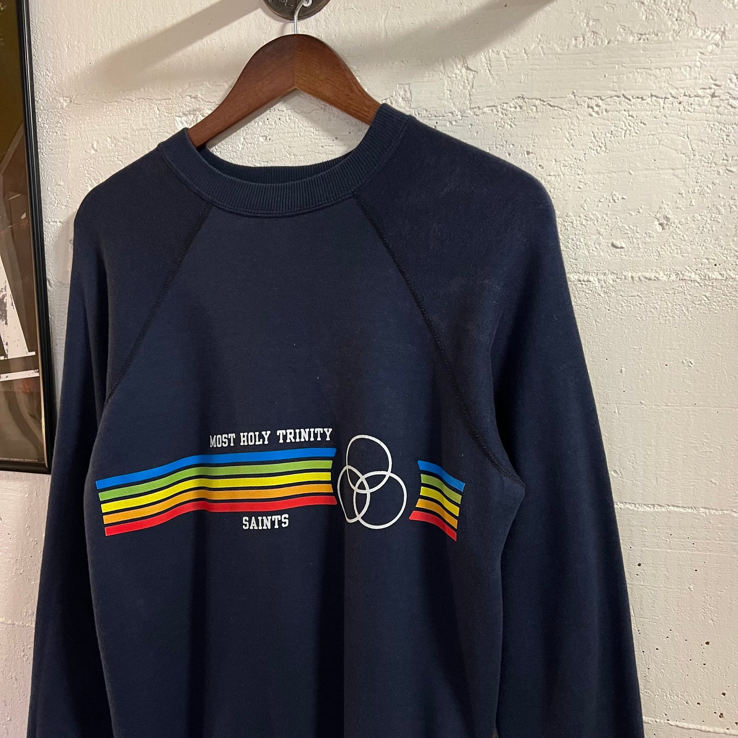 Vintage 70’s/80’s Most Holy Trinity Saints Raglan Sleeve Crewneck Sweatshirt - Size Medium - Made In USA - Navy/White/Multi