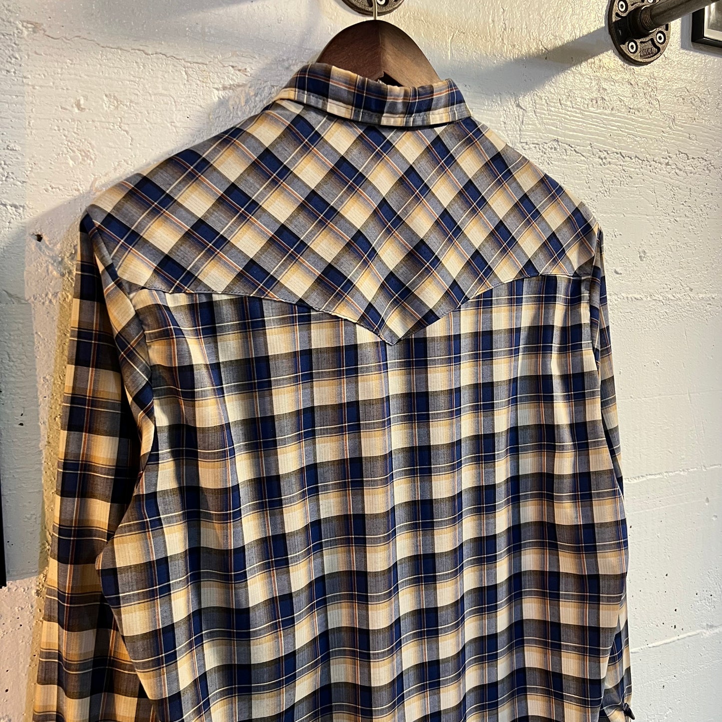 True Vintage 60's - 70's Sears Western Wear Plaid Pearl Snap Flannel - Size Medium - Made In USA - Blue/White/Yellow/Orange