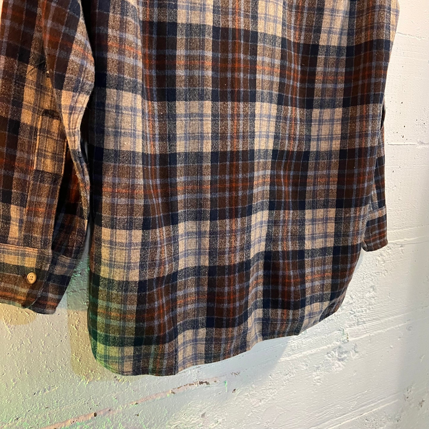 Vintage 1970's Woolrich Wool Plaid Flannel Shirt - Size Medium - Made In USA - Blue/Orange/Gray