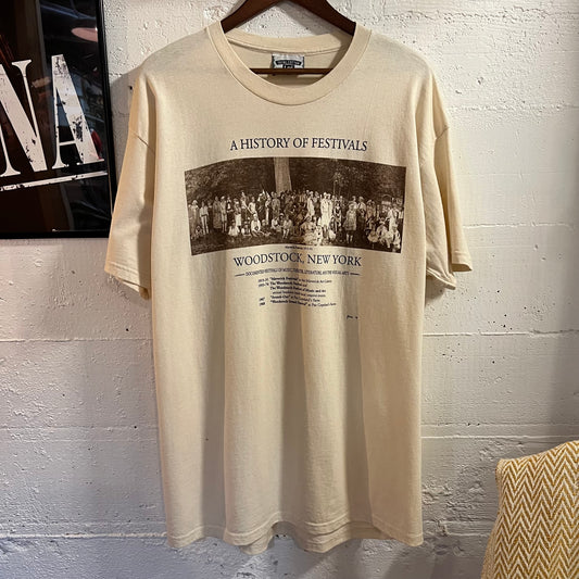 Vintage 1999 Lee Woodstock History Graphic T-Shirt - Size XL - Made In USA - Cream/Brown