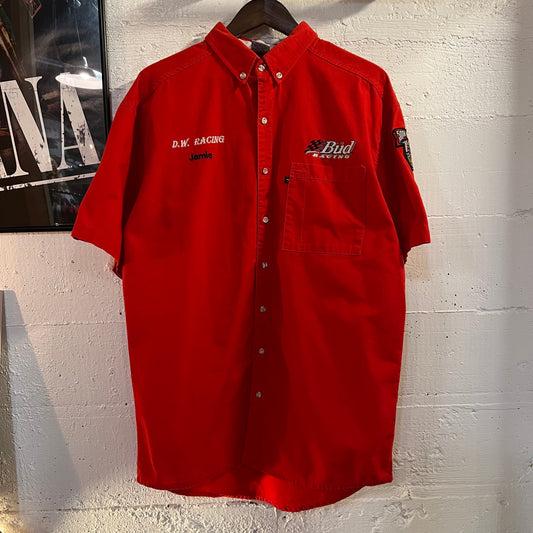 Vintage 1998 Budweiser 'Bud Racing' Embroidered Nascar 50th Anniversary Short Sleeve Button Down Shirt - Size Large - Made In USA - Red