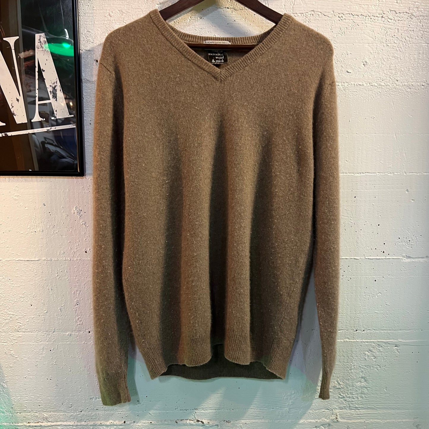 Vintage Norm Thompson Wool & Mink V Neck Sweater - Large - Made In England - Taupe