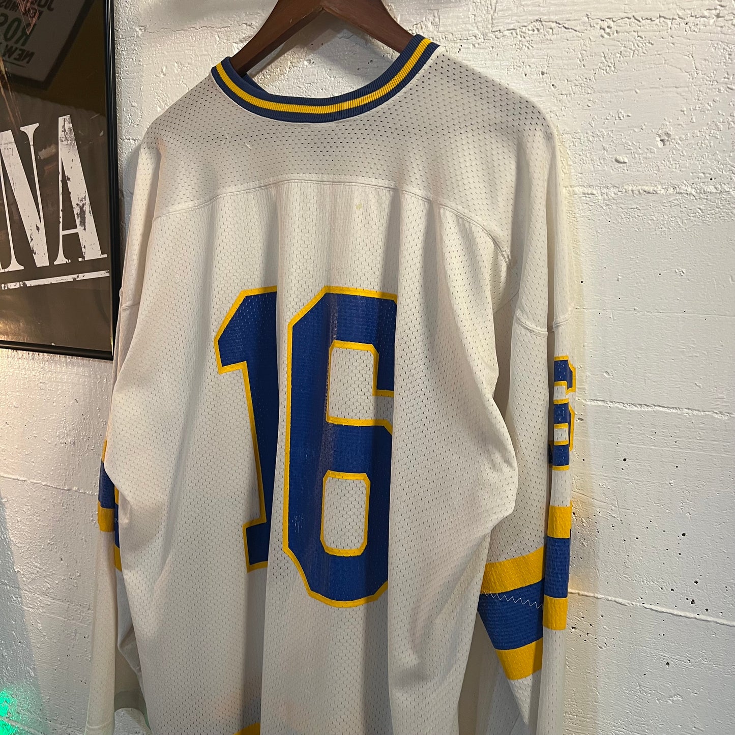 Vintage 1980's Champion Regents Hockey Jersey - Size XL (48) - Made In USA - White/Blue/Yellow