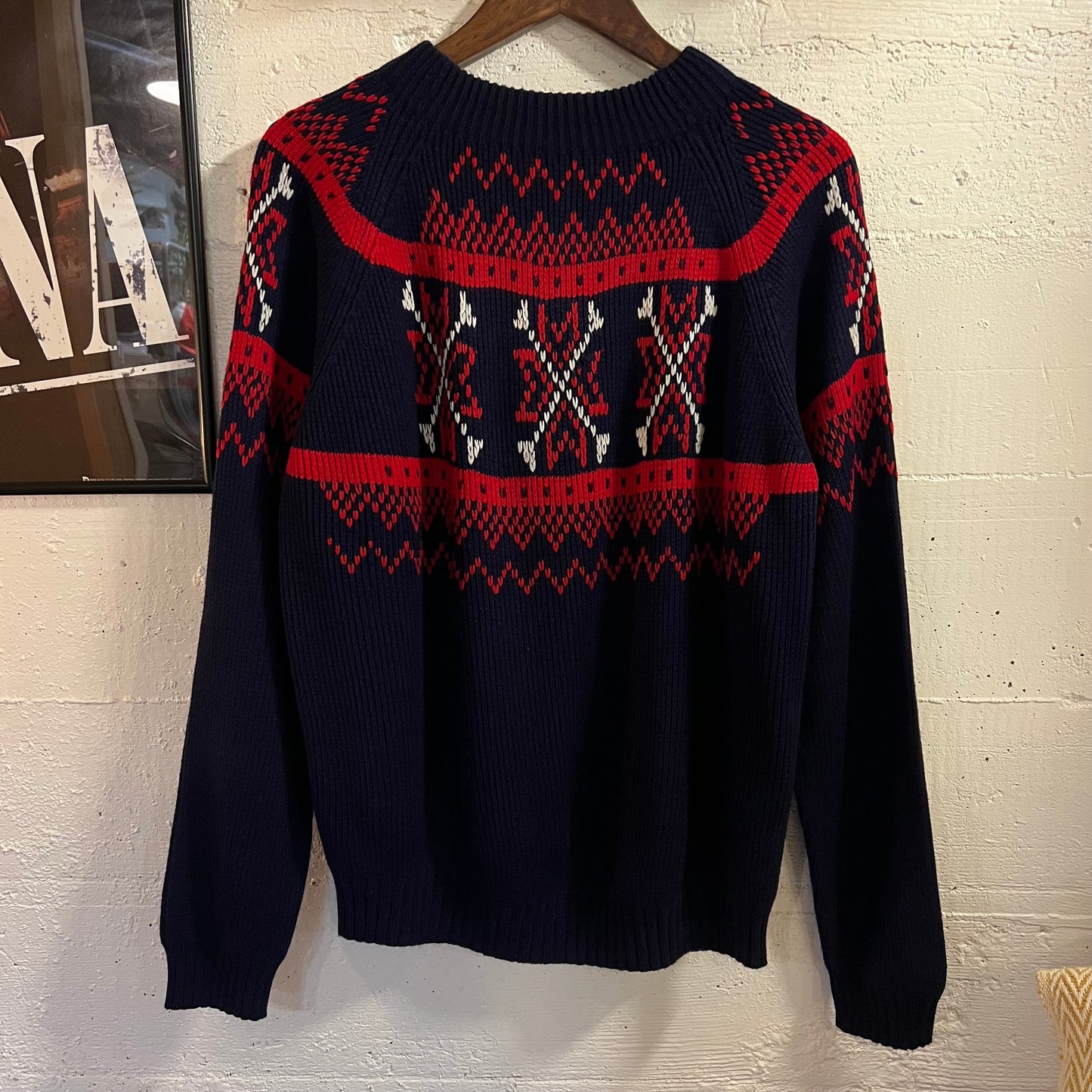 Vintage 70’s JCPenney Fair Isle Geometric Patterned Knit Raglan Sweater - Size Medium - Red/Navy/White