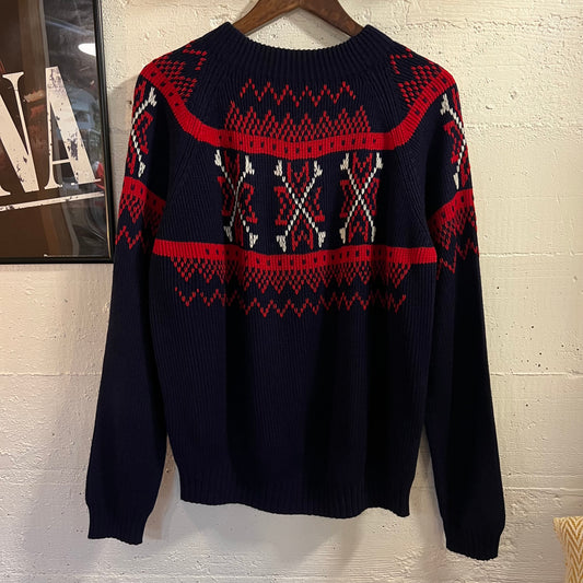 Vintage 70’s JCPenney Fair Isle Geometric Patterned Knit Raglan Sweater - Size Medium - Red/Navy/White