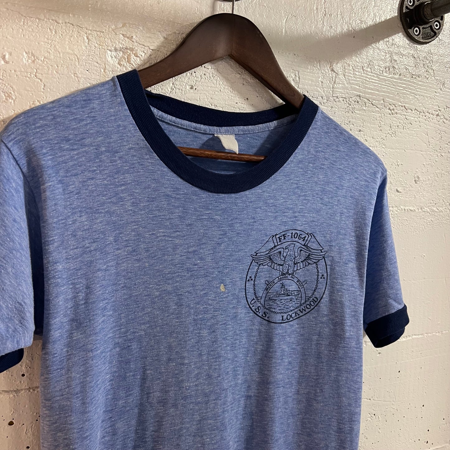 True Vintage 70's/80's U.S.S. Lockwood FF-1064 50/50 Blend Ringer T-Shirt - Size Medium - Made In USA - Heather Blue