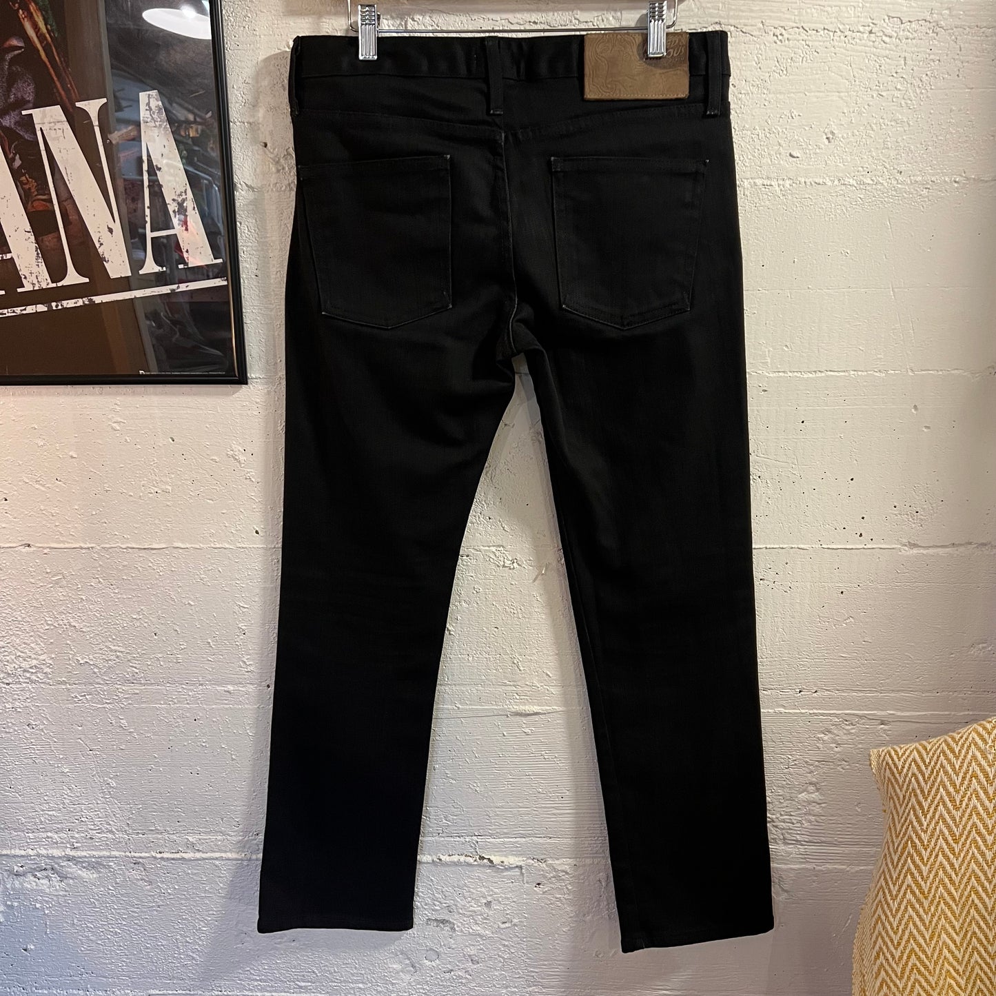 Pre-Owned Naked & Famous Denim Skinny Guy 'Black Power Stretch' Denim Jeans - Size 32" x 29" - Made In Canada - Black