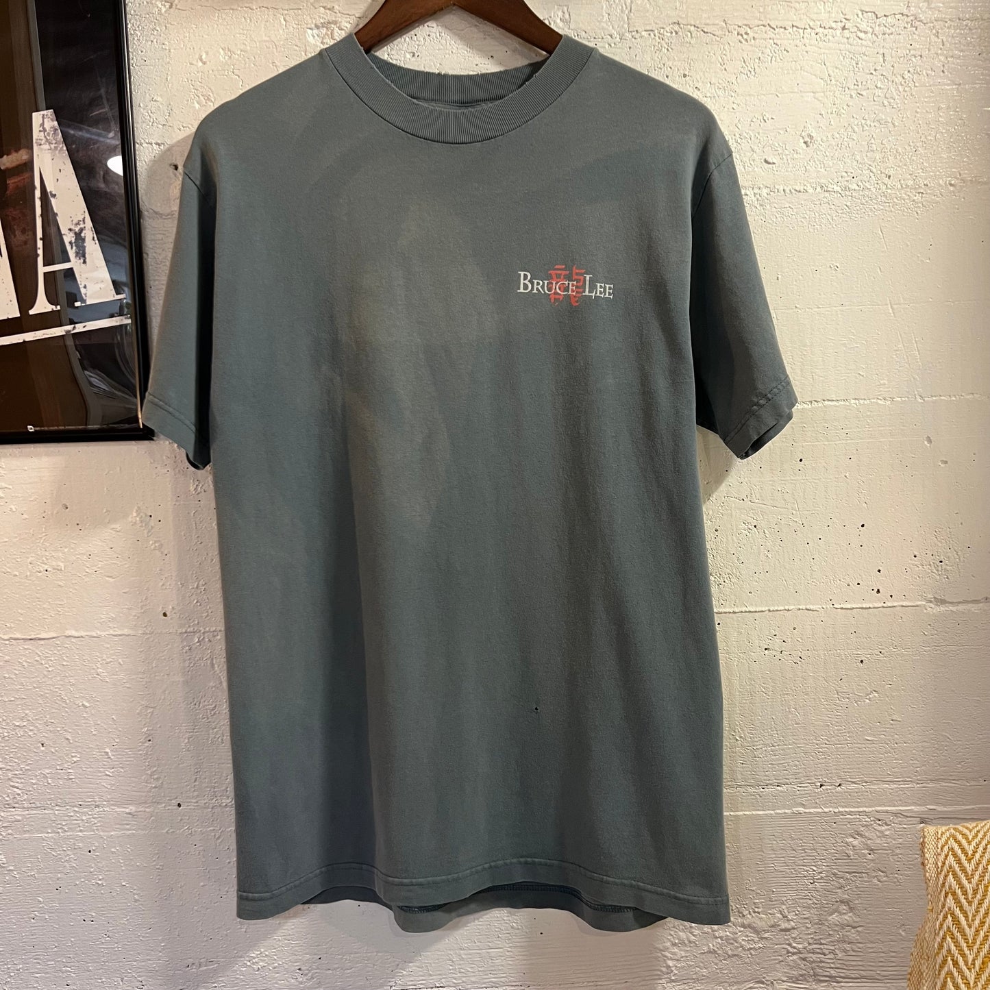 Vintage 90’s Distressed/Faded Bruce Lee The Dragon Graphic T-Shirt - Size Medium - Made In USA - Faded Black/Blueish Green