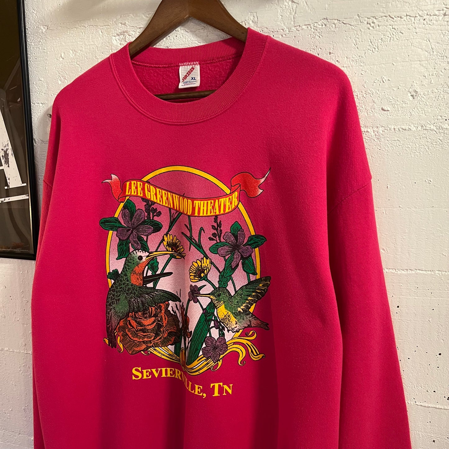 Vintage 90’s Lee Greenwood Theater Sevierville, TN ‘Hummingbird’ Crewneck Sweatshirt - Size XL - Made In USA - Pink/Multi