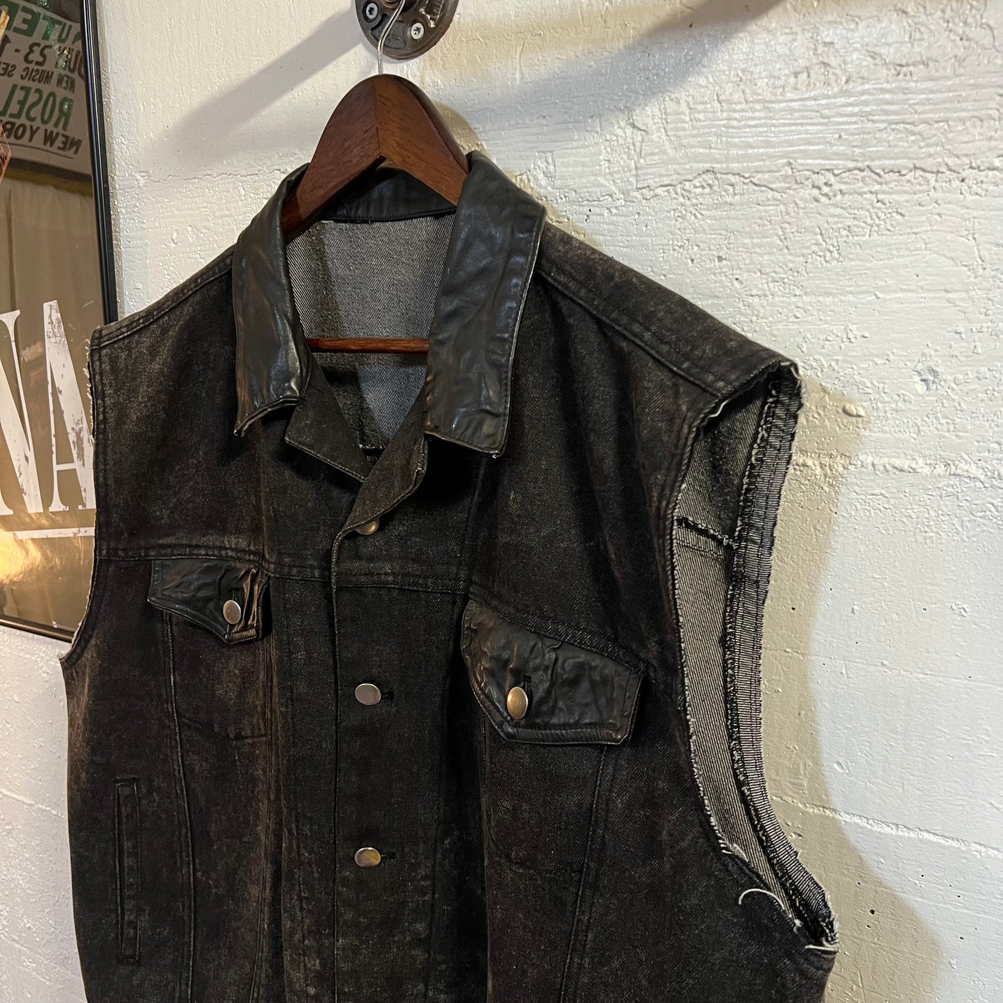 Vintage Harley Davidson Black Denim & Leather Eagle Patch Vest - Size L/XL - Black