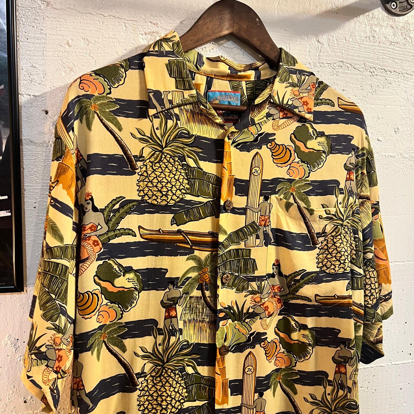 Vintage Joe Kealoha Hula Girl Surfer Rayon Aloha Shirt - Size Medium - Made In USA - 100% Rayon