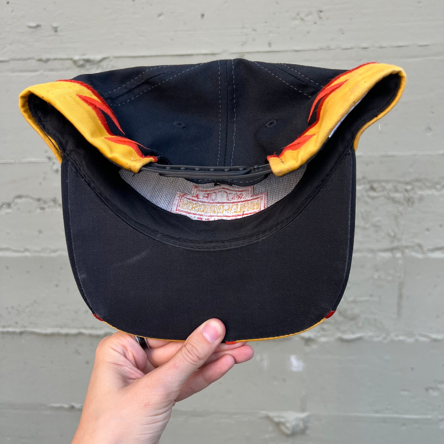 Vintage Y2K Harley Davidson Flame 6- Panel Snapback Hat - O/S - Black/Orange/Yellow