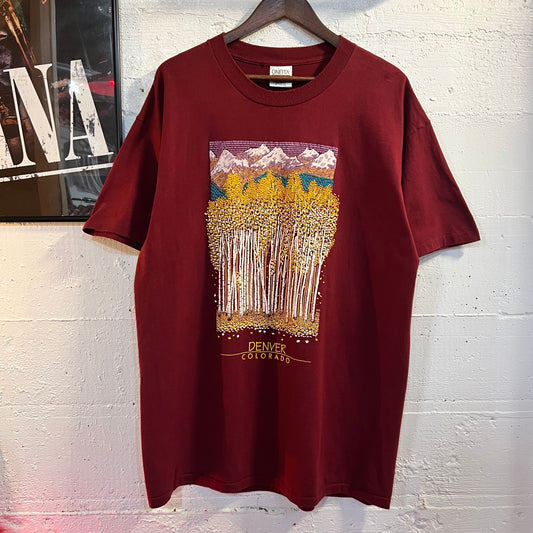 Vintage 90’s Denver Colorado Puff Print Aspen Trees Single Stitch T-Shirt - Size XL - Maroon/Multicolor